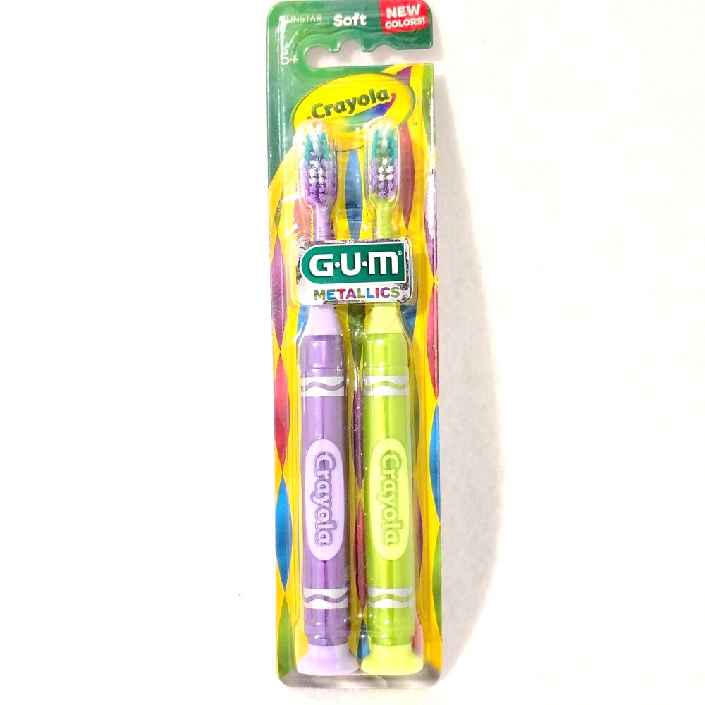 GUM Crayola Metallic Purple Green Soft Bristle Toothbrush 2 Pack Suction cup NEW